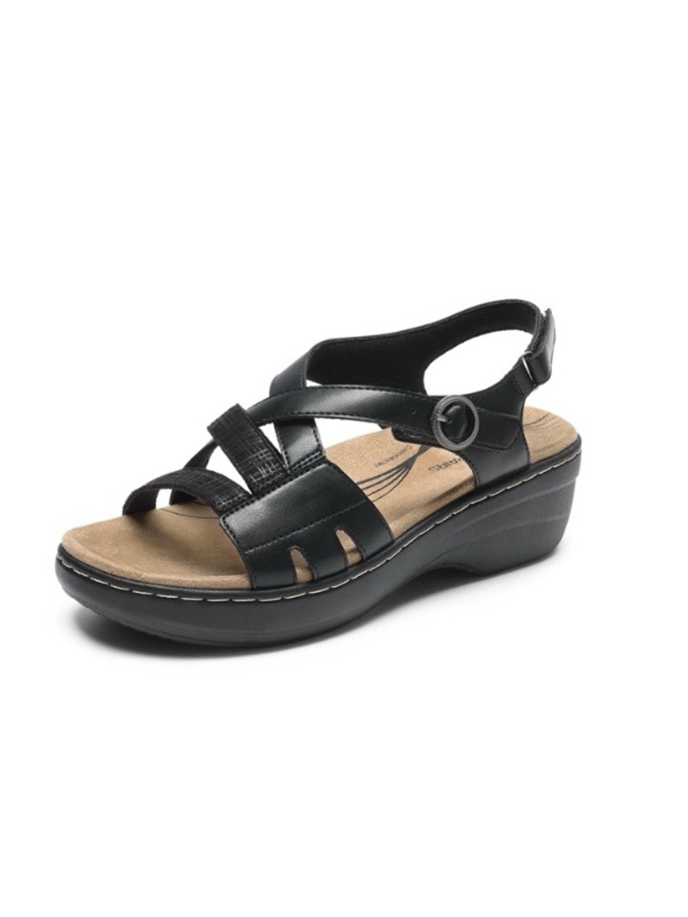 Clarks Merliah Bonita Black Leather Wedge Sandals